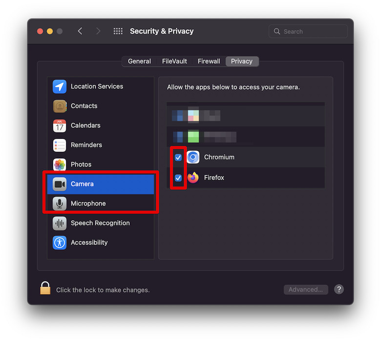 MacOS security and privacy settings for video and microphone