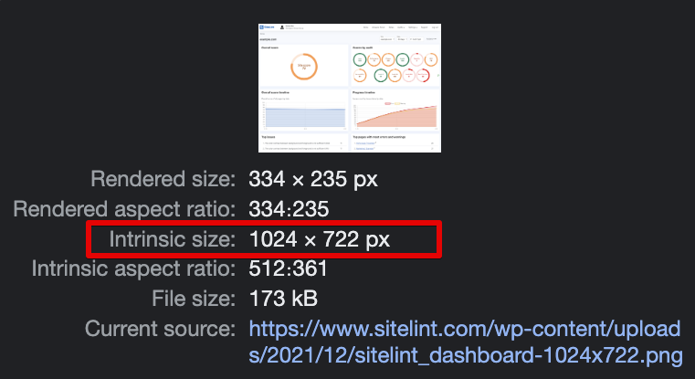 Brave developer tools and hovering over image URL to check its intrinsic size