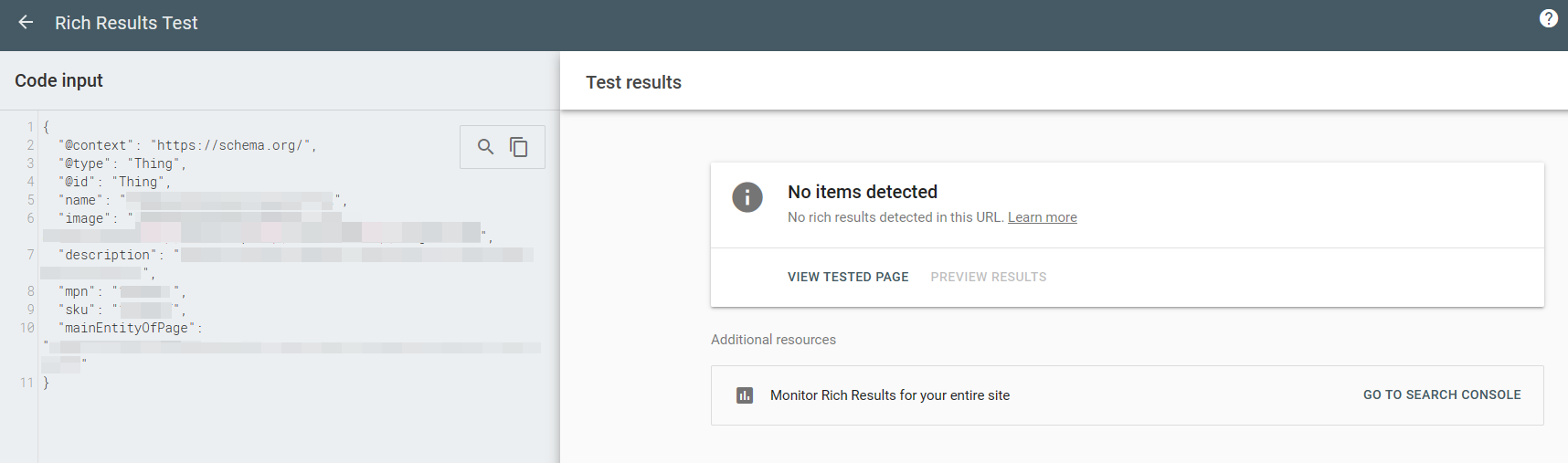 Rich Results Test in Google Search Console for ld+json schema Thing