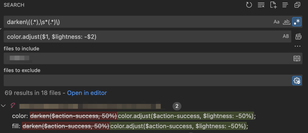 Visual Studio code and example of regular expression used to replace darken function with color.adjust function