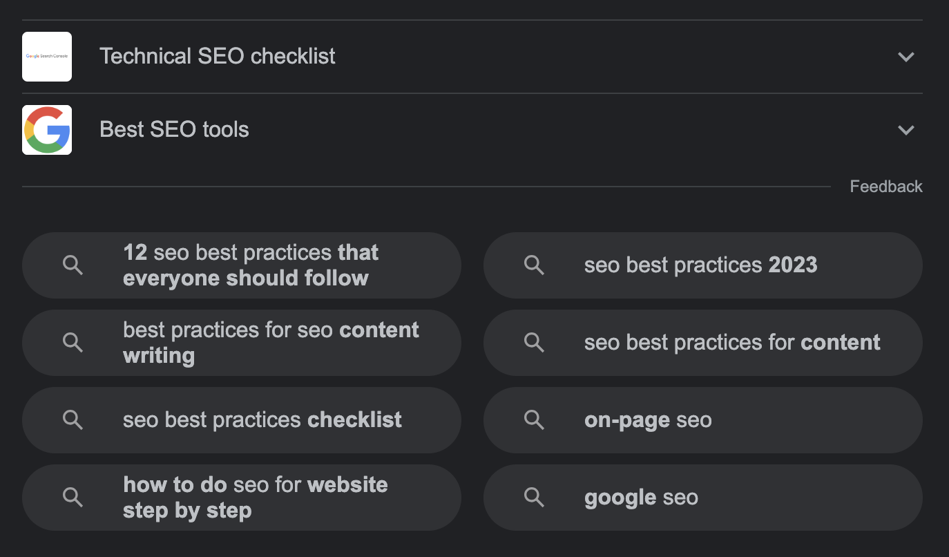 Google search results with the bottom part that contains suggested keywords