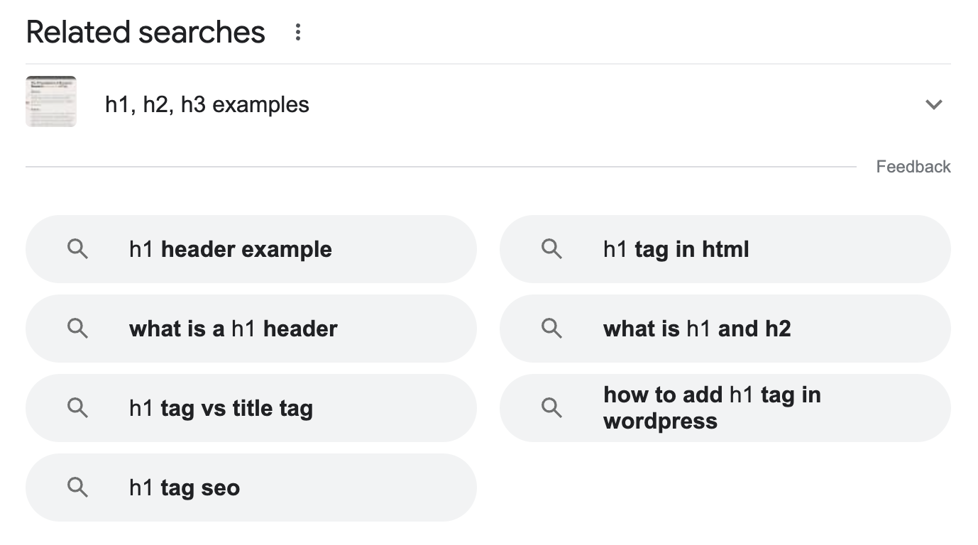 Google Related Searches example for "Create perfect H1 heading"
