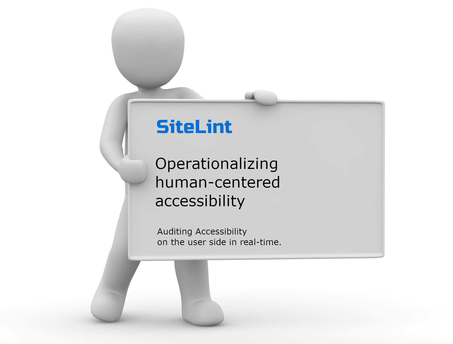 A person holding a business card with the inscription: Sitelint, operationalizing human-centered accessibility, auditing Accessibility on the user side in real-time.