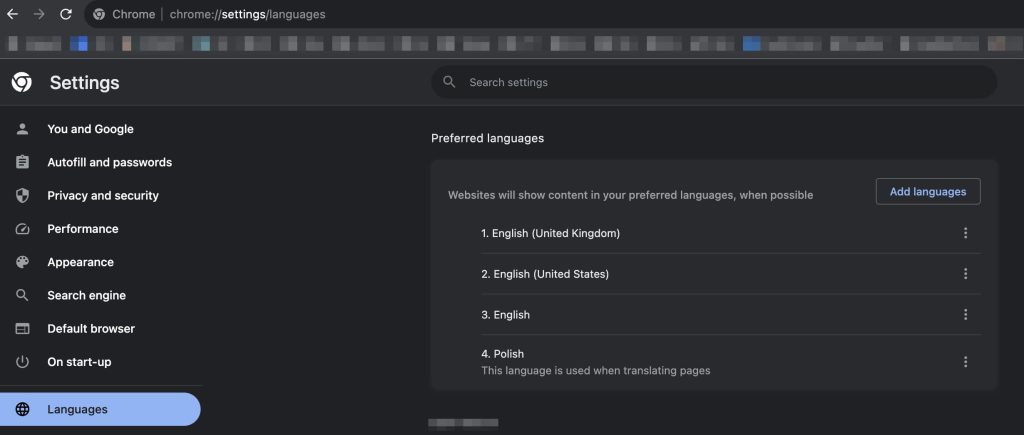 Google Chrome settings languages
