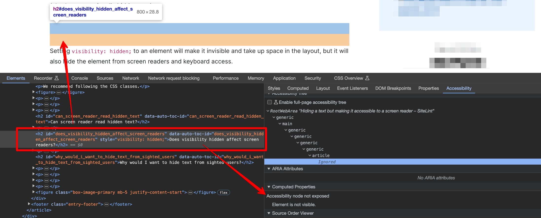 CSS visibility hidden example with details in Chrome developer tools