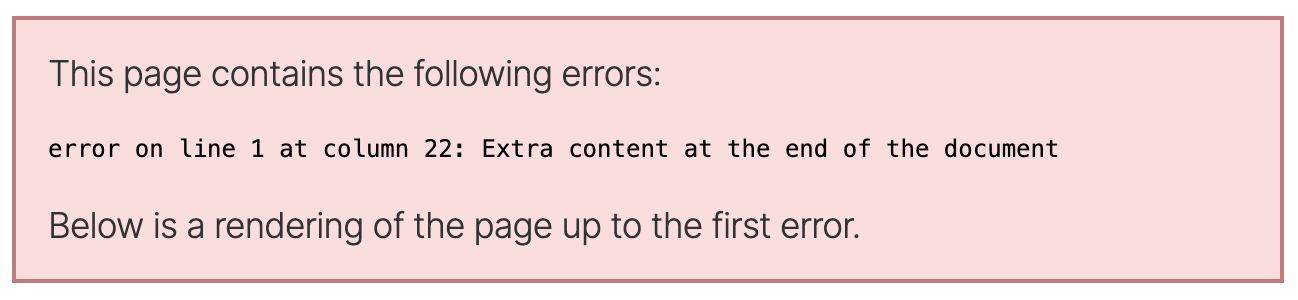Example of HTML string validation using JavaScript DOMParser: "error on line 1 at column 22: Extra content at the end of the document"