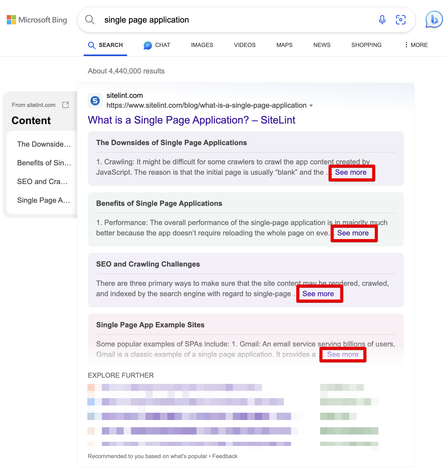 Bing SERP snippet with links "See more".