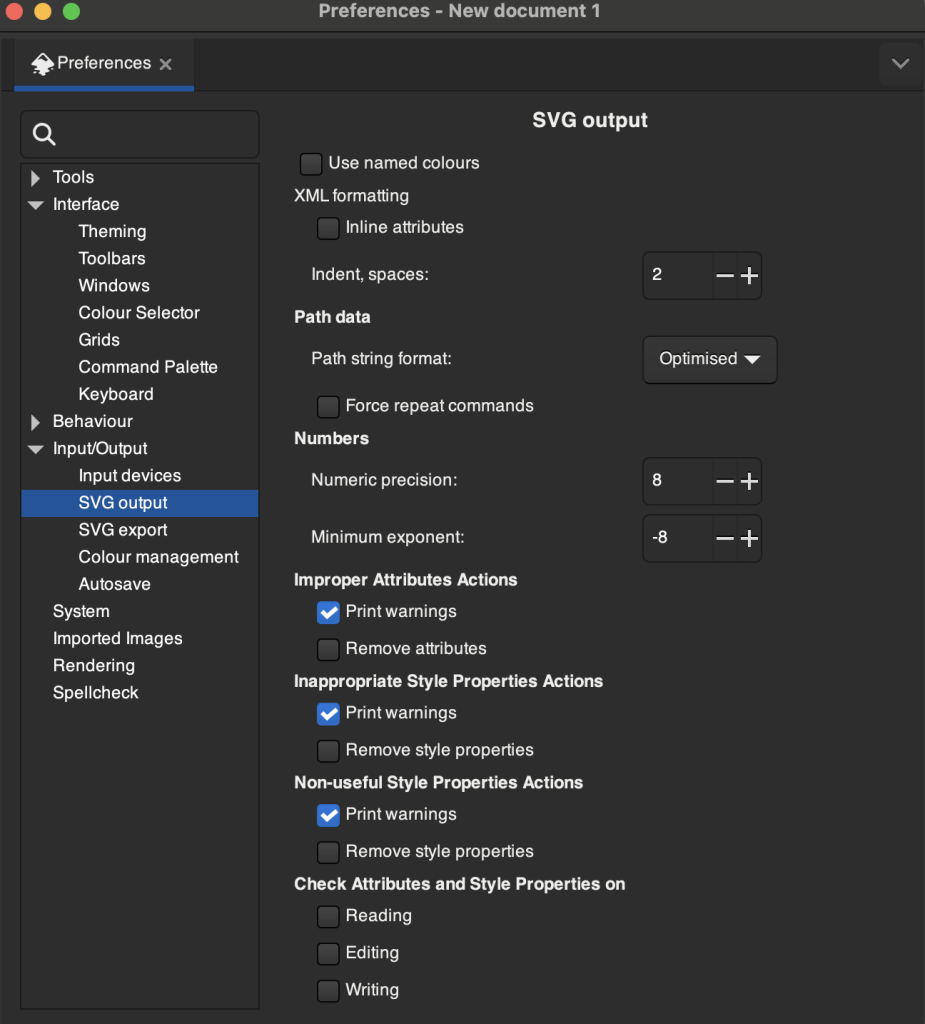 Inkscape Settings, Input/Output, SVG output