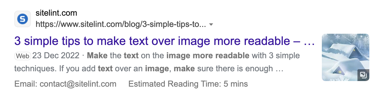 Example SERP snippet from Bing that contains the page thumbnail