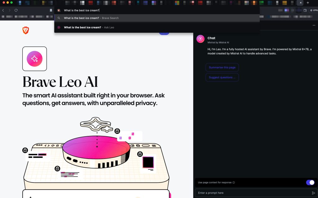 Brave Leo AI query in the URL browser bar, sidebar and home page of the product