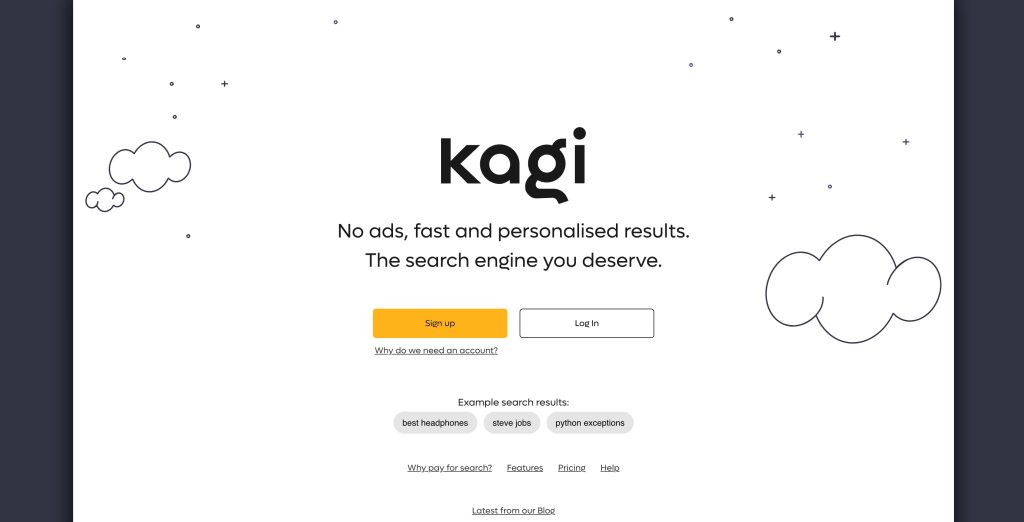 Kagi.ai search engine home page