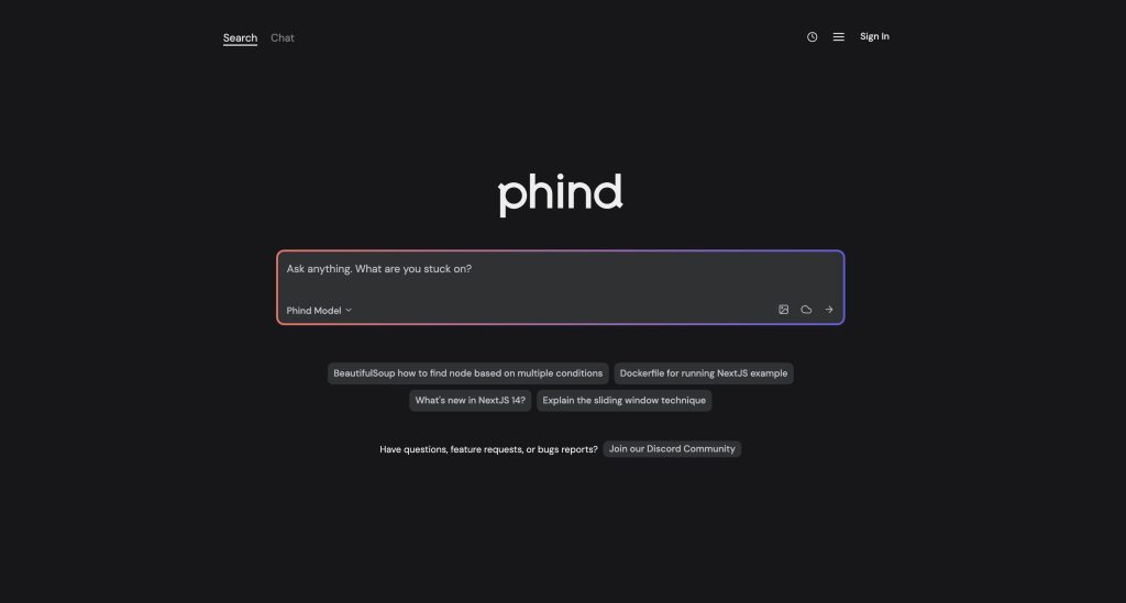 Phind search engine home page