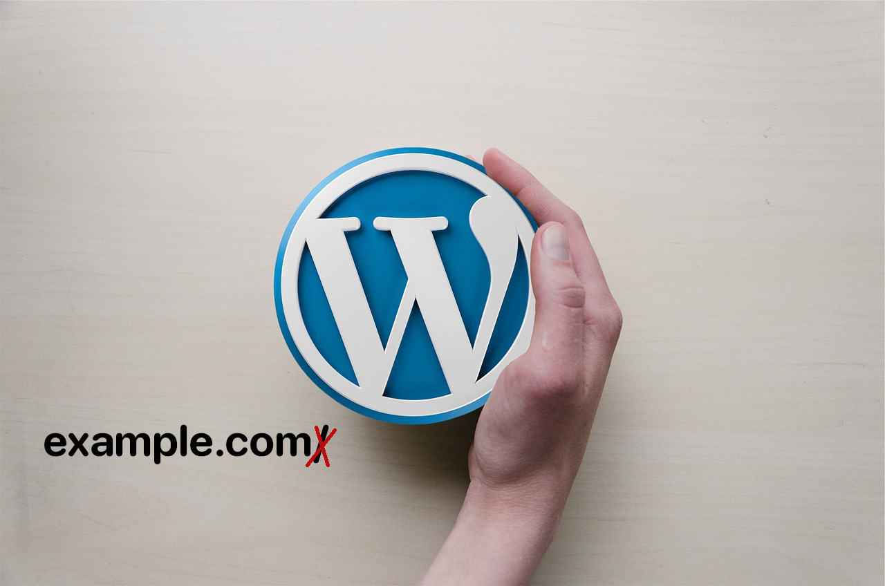 WordPress logo, the inscription "example.com/" with a slash through it.